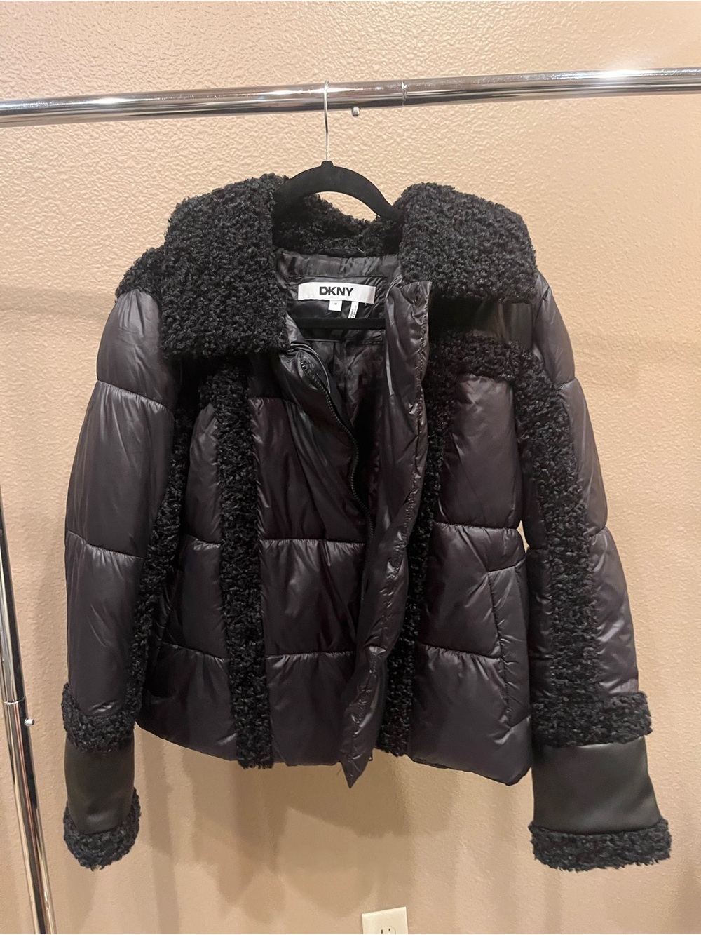 DKNY Black Quilted Puffer Jacket with Faux Shearling Trim